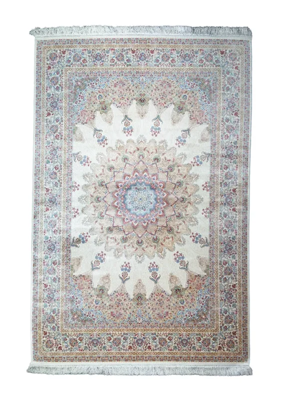 Beige and Red Silk Persian Rug Vanda Pattern 5 x 8