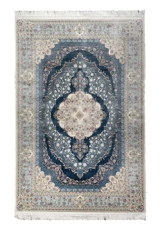 Blue and Beige Silk Persian Rug Shah Abbas Pattern 5 x 8