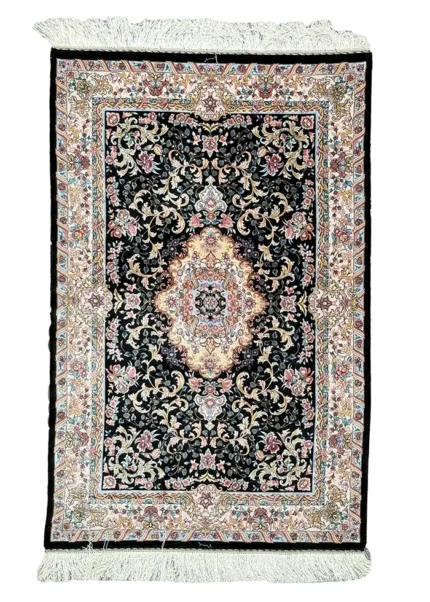Black and Pink Silk Persian Rug Mahoor Pattern Small