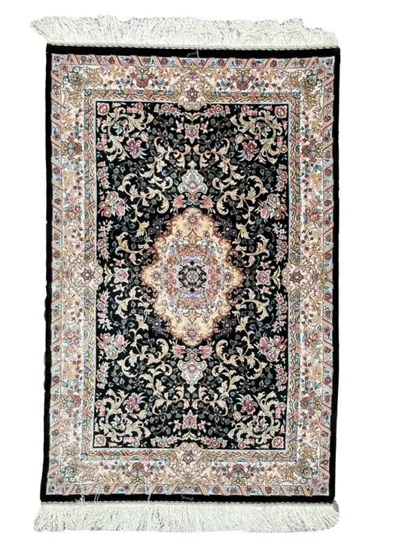 Black and Pink Silk Persian Rug Mahoor Pattern Small