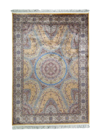 Brown and Blue Silk Persian Rug Elham Pattern 5 x 8