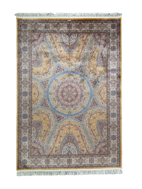 Brown and Blue Silk Persian Rug Elham Pattern 5 x 8