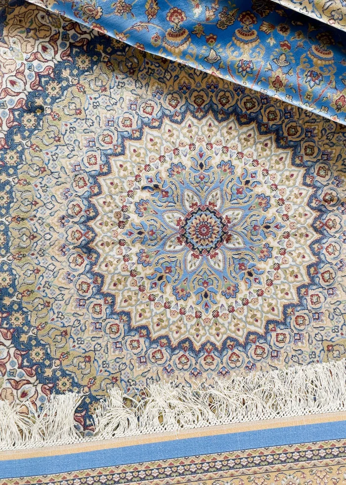 Blue and Beige Silk Persian Rug Espadana 8 x 10