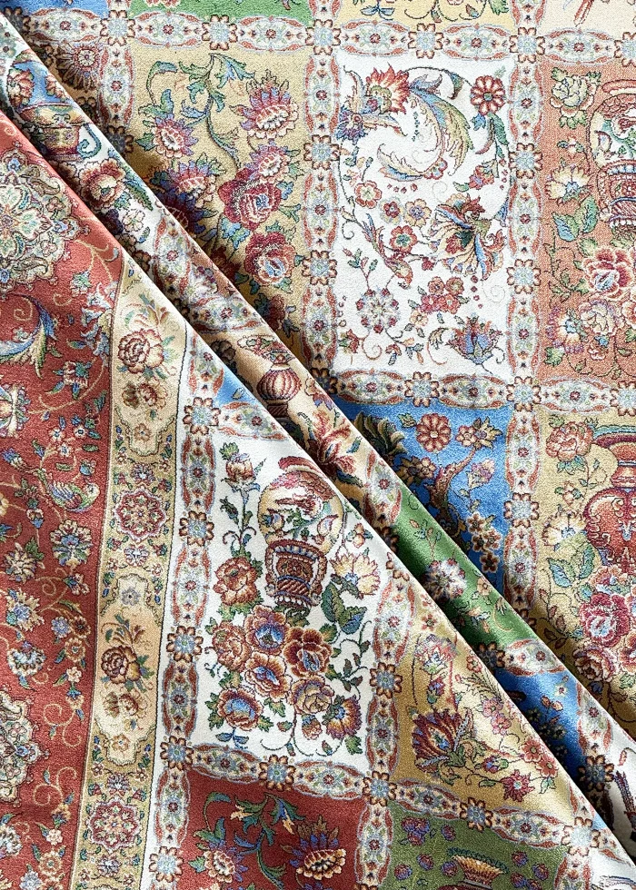 Green and Brown Silk Persian Rug Tile Pattern 7 x 9
