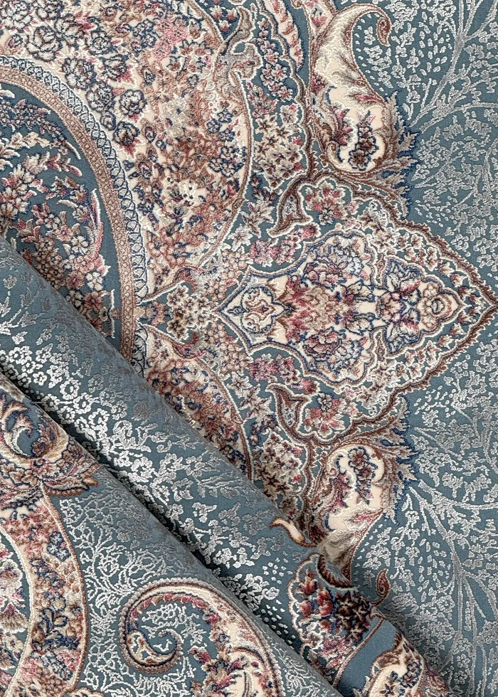 Blue and Beige Silk Persian Rug Faraz Pattern 7 x 9