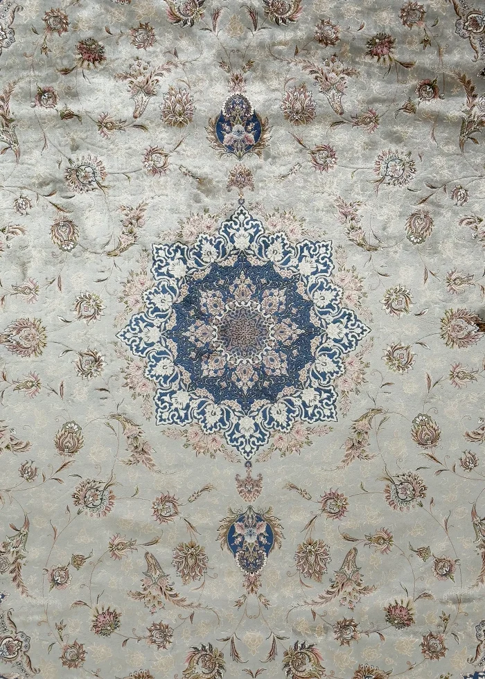 Gray and Blue Silk Persian Rug Espadana Pattern 7 x 9