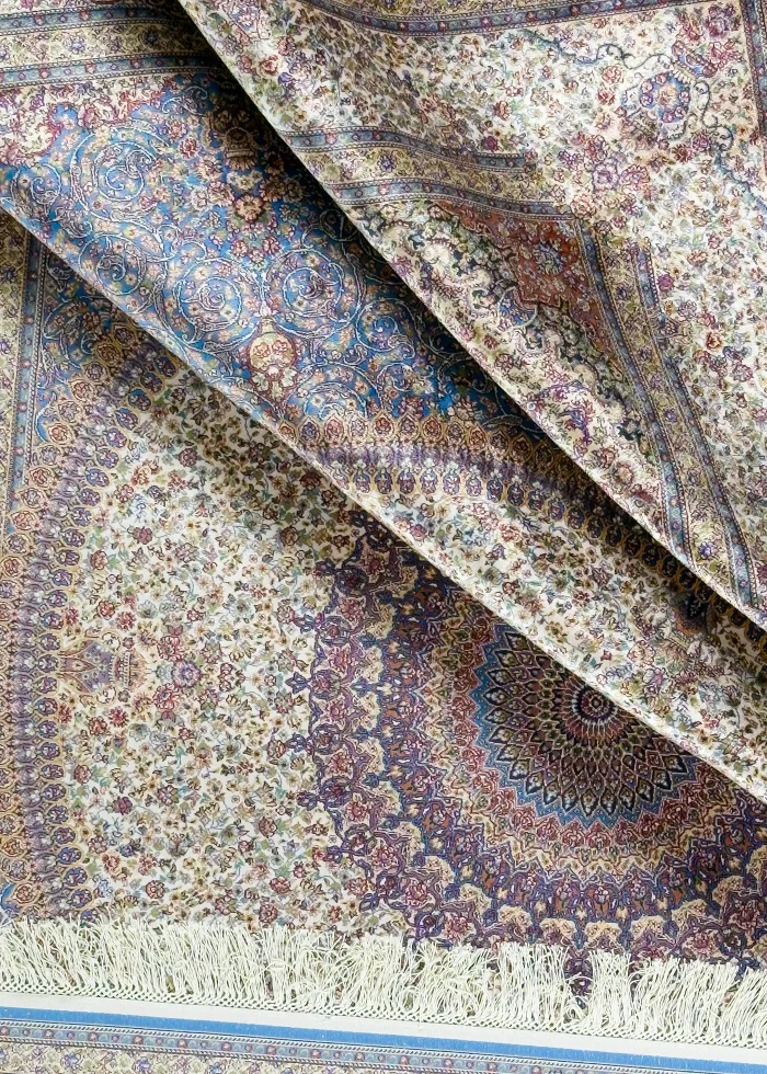 Blue and Beige Silk Persian Rug Golestan Pattern 5 x 8