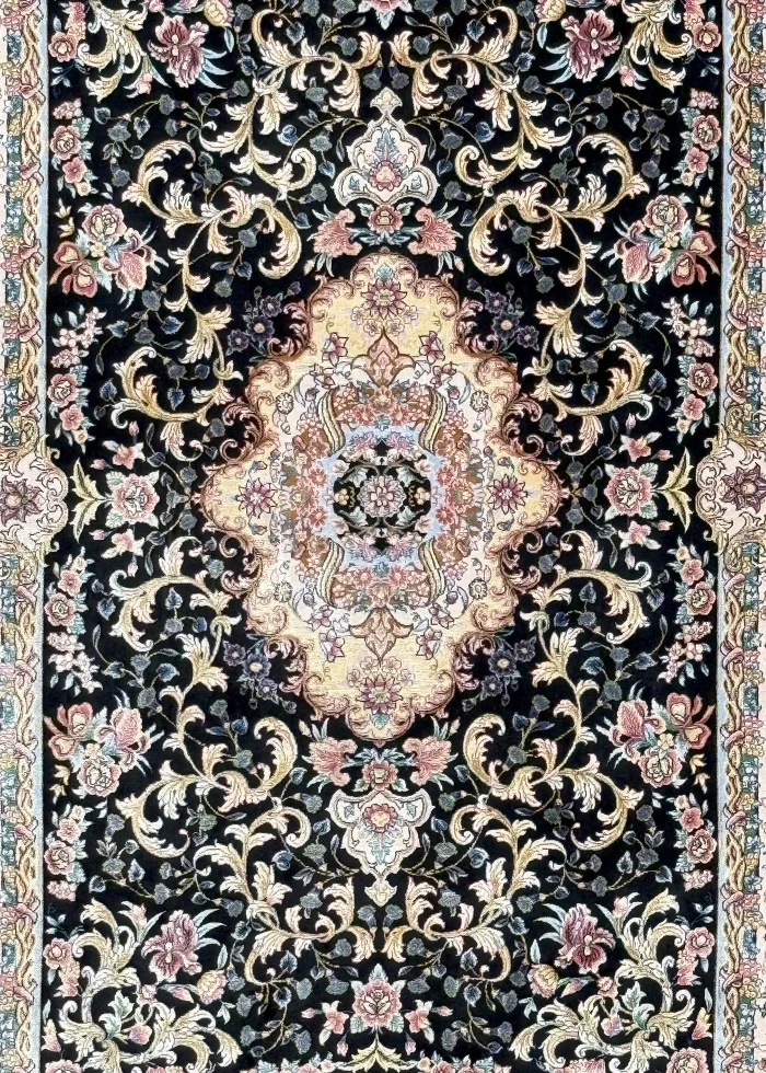 Black and Pink Silk Persian Rug Mahoor Pattern 3 x 4