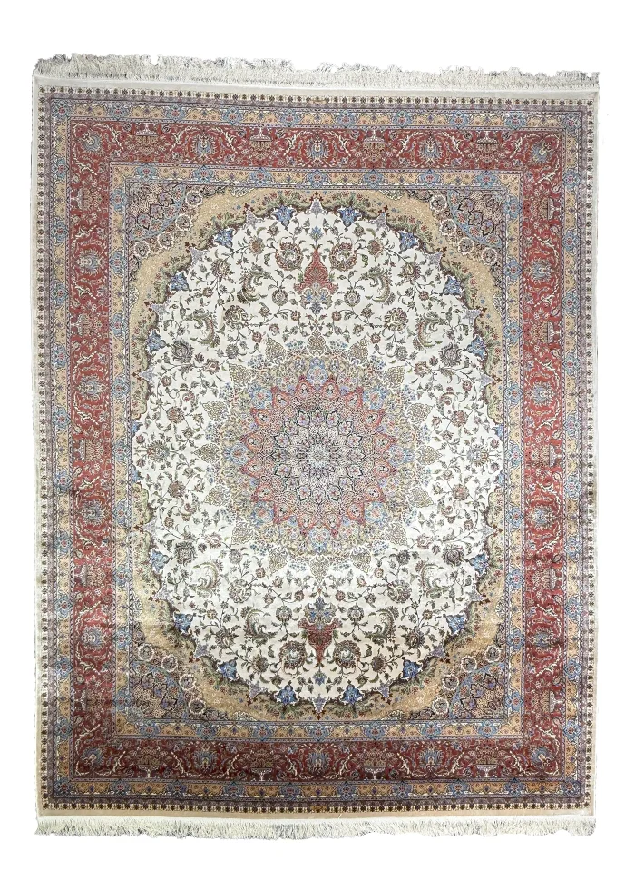 Beige and Red Silk Persian Rug Shah Abbasi 8 x 10