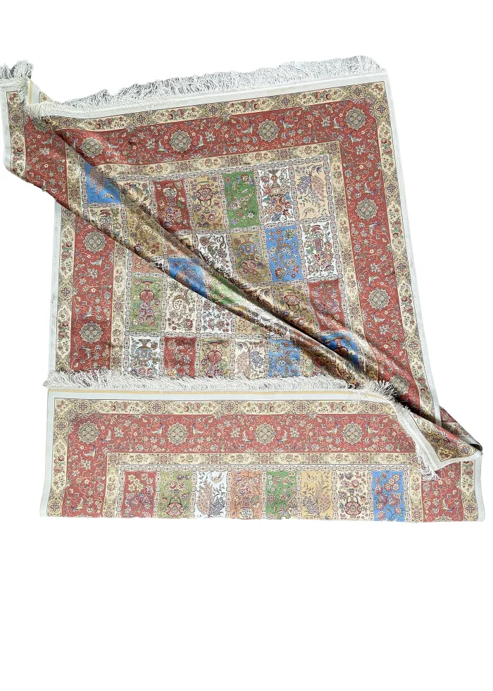 Green and Brown Silk Persian Rug Tile Pattern 7 x 9