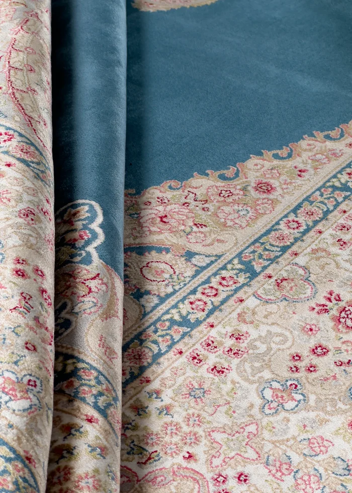 Blue and Pink Silk Persian Rug Faraz Pattern 7 x 9