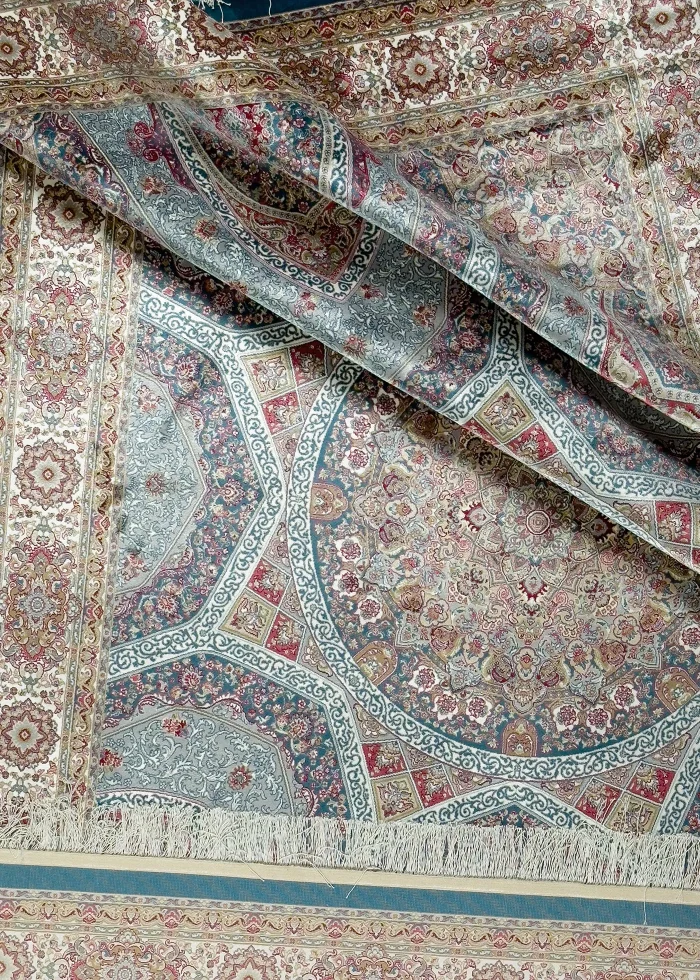 Blue and Pink Silk Persian Rug Elham Pattern 5 x 8