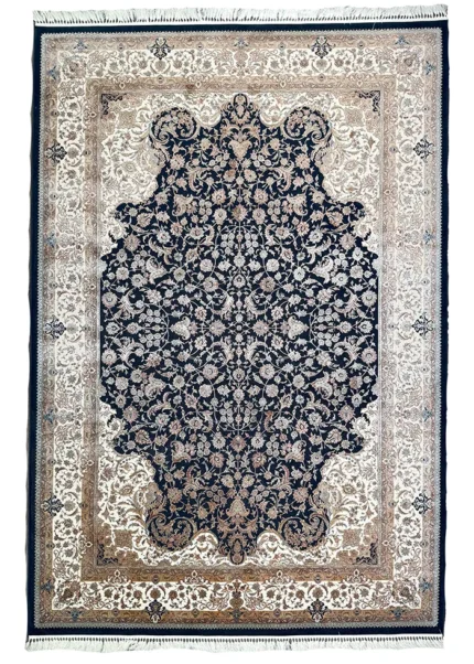 Black and Beige Silk Persian Rug Royal Pattern 7 x 9