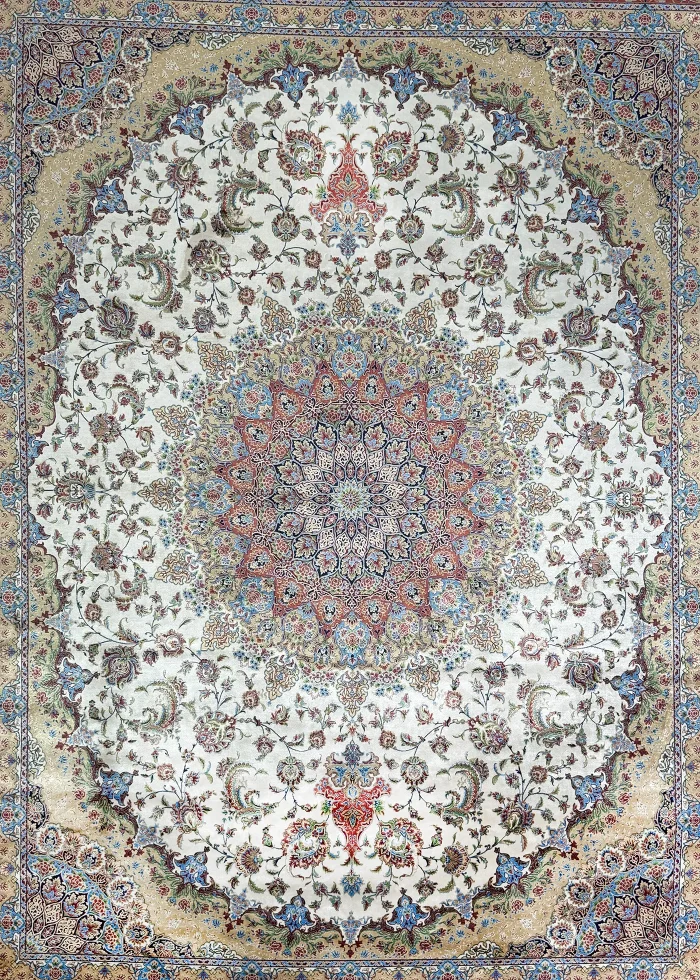 Beige and Red Silk Persian Rug Shah Abbasi 8 x 10