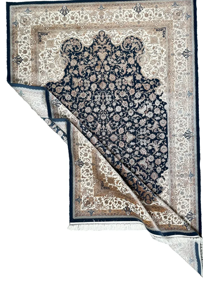 Black and Beige Silk Persian Rug Royal Pattern 7 x 9