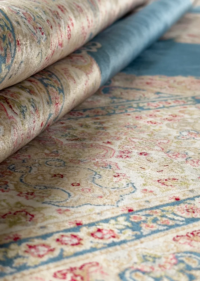 Blue and Pink Silk Persian Rug Faraz Pattern 7 x 9