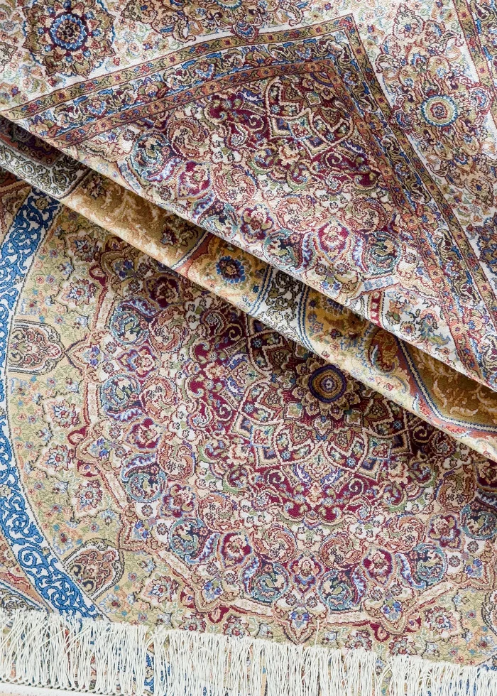 Brown and Blue Silk Persian Rug Elham Pattern 5 x 8
