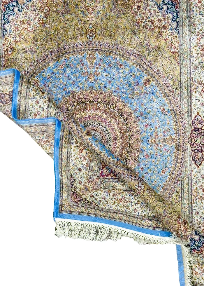 Beige and Blue Silk Persian Rug Golestan Pattern 4 x 6