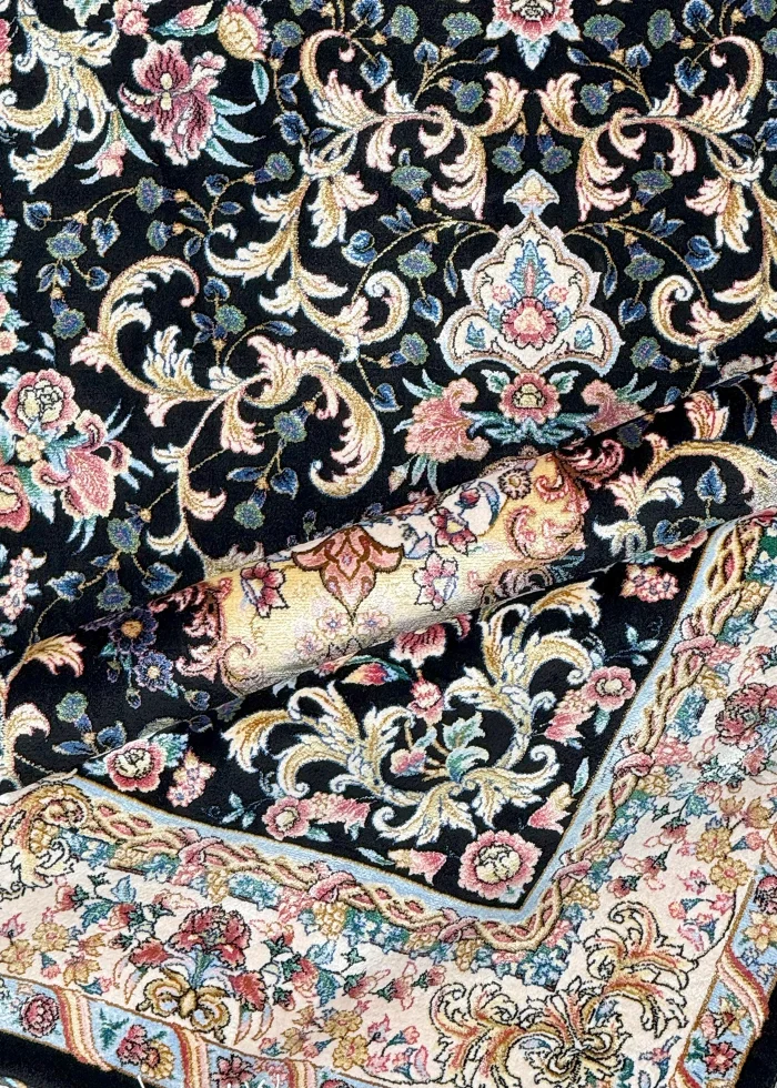 Black and Pink Silk Persian Rug Mahoor Pattern 3 x 4