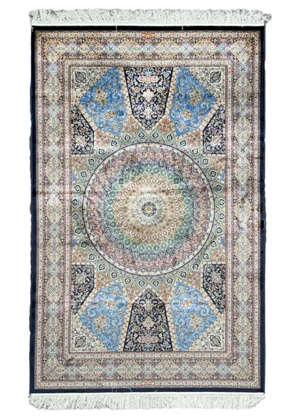 Black and Blue Silk Persian Rug Elham Pattern 3 x 5