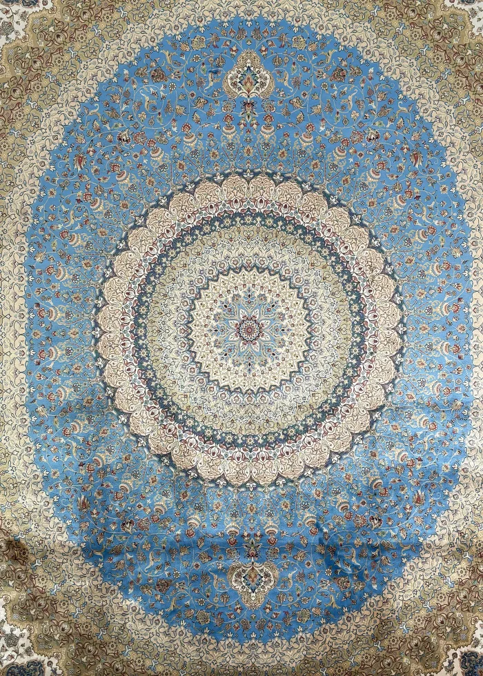 Blue and Beige Silk Persian Rug Espadana 8 x 10
