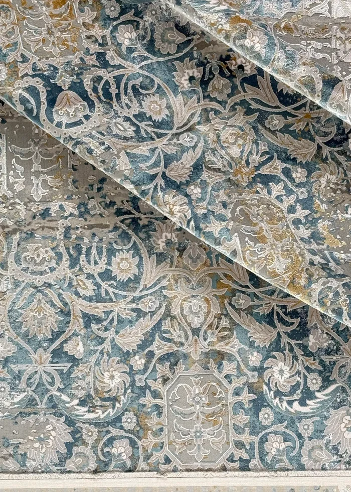Blue and Beige Silk Persian Rug Harmony Pattern 7 x 9