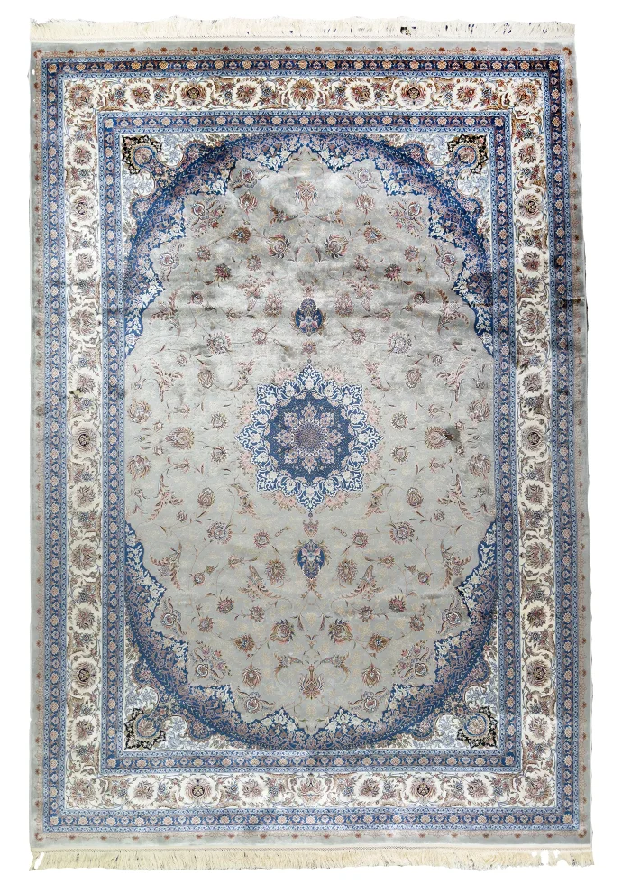 Gray and Blue Silk Persian Rug Espadana Pattern 7 x 9