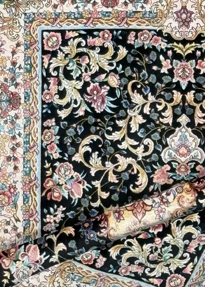 Black and Pink Silk Persian Rug Mahoor Pattern 3 x 4