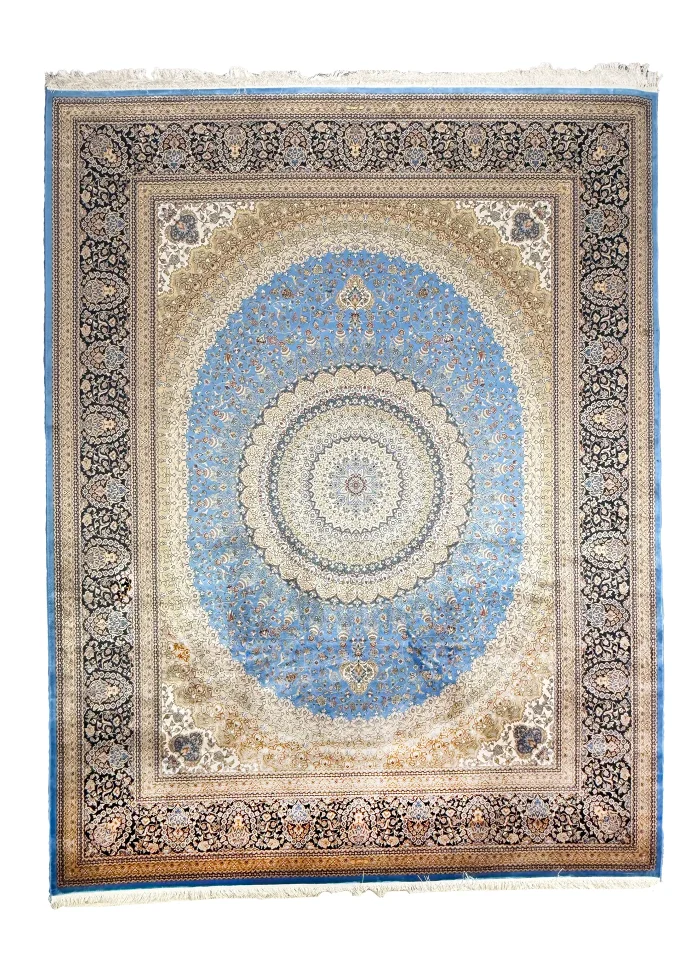 Blue and Beige Silk Persian Rug Espadana 8 x 10