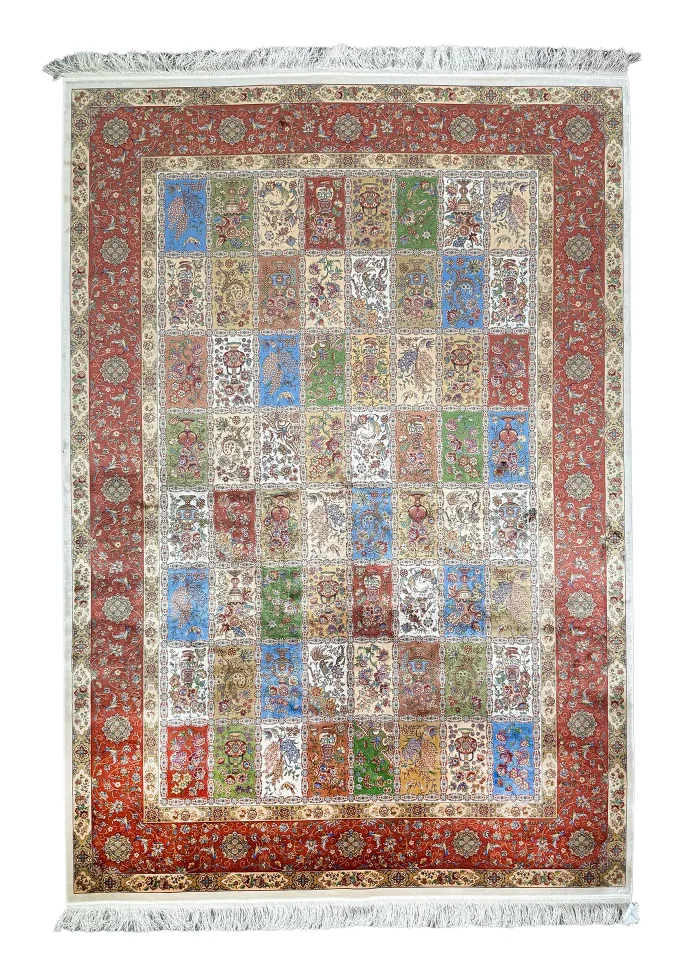Green and Brown Silk Persian Rug Tile Pattern 7 x 9