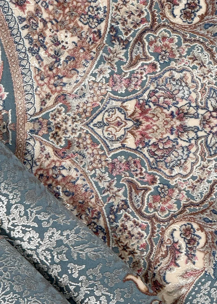 Blue and Beige Silk Persian Rug Faraz Pattern 7 x 9
