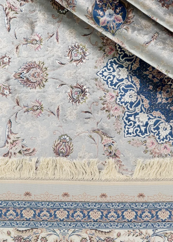 Gray and Blue Silk Persian Rug Espadana Pattern 7 x 9