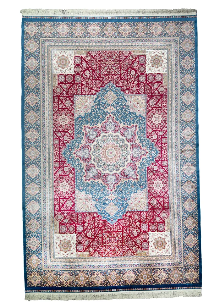 Red and Blue Silk Persian Rug Whisper Pattern 7 x 9