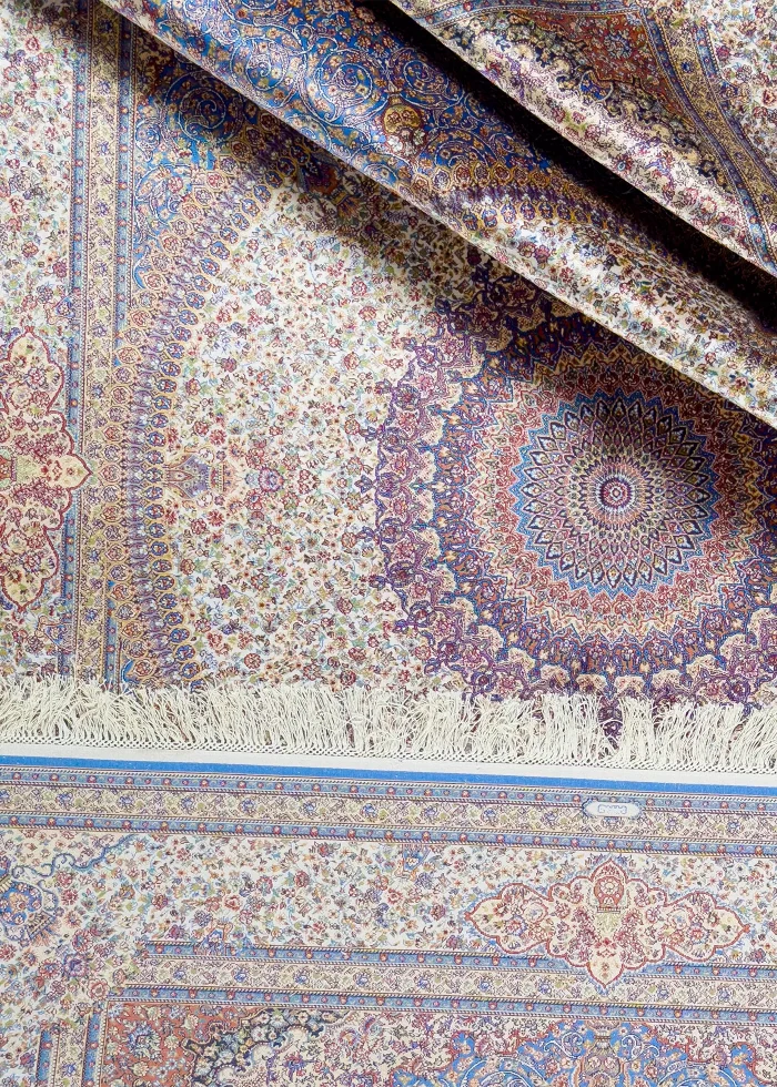 Blue and Beige Silk Persian Rug Golestan Pattern 5 x 8