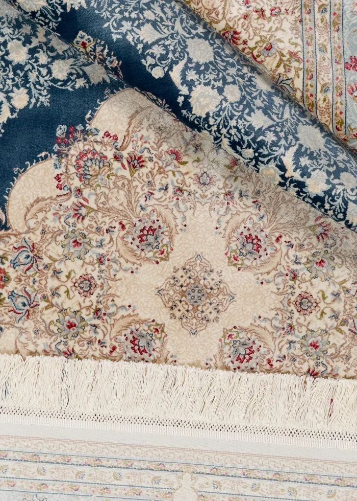 Blue and Beige Silk Persian Rug Shah Abbas Pattern 5 x 8