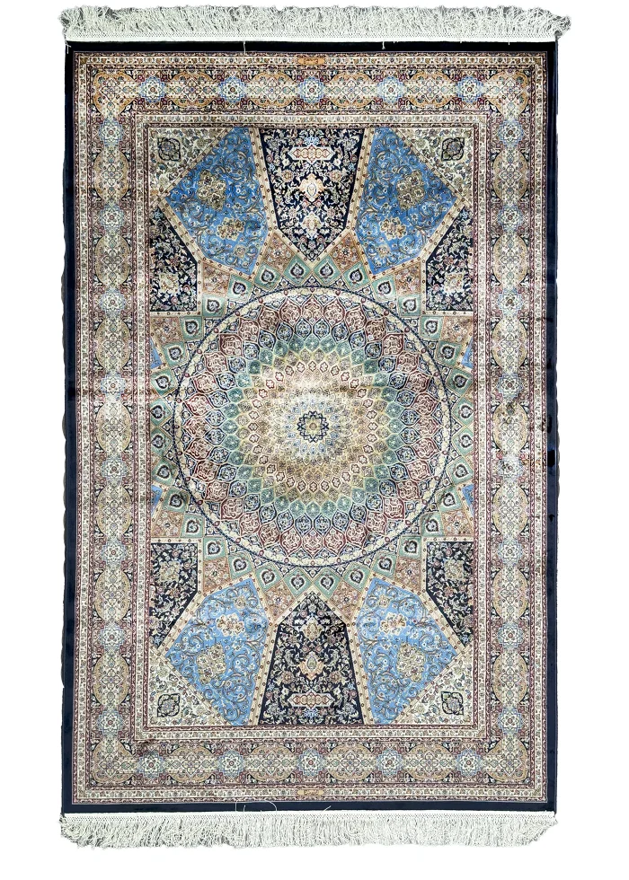 Black and Blue Silk Persian Rug Elham Pattern 4 x 6