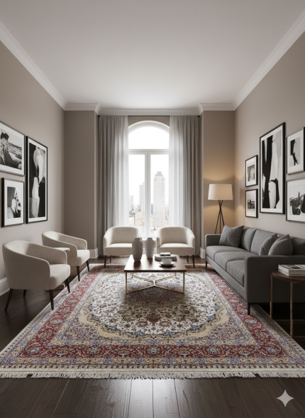 Beige and Red Silk Persian Rug Shah Abbasi 8 x 10