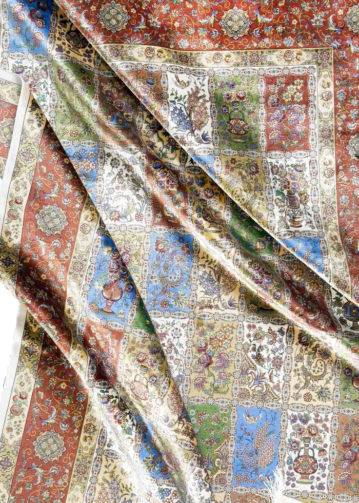 Green and Brown Silk Persian Rug Tile Pattern 7 x 9