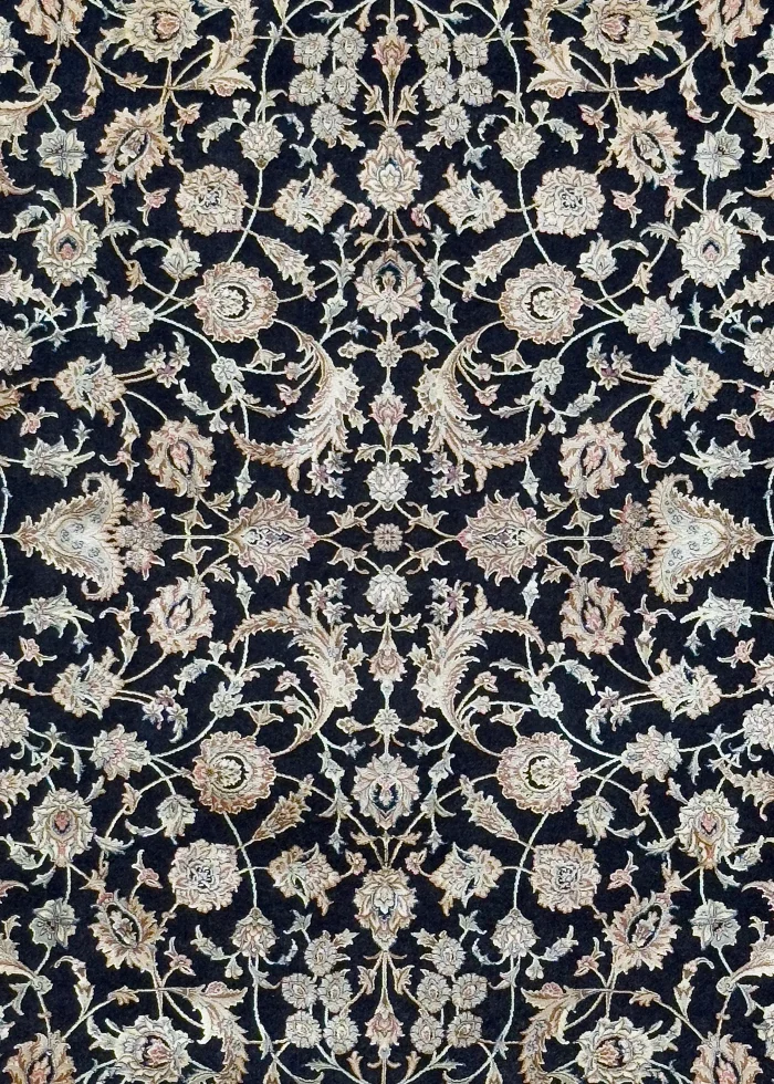 Black and Beige Silk Persian Rug Royal Pattern 7 x 9