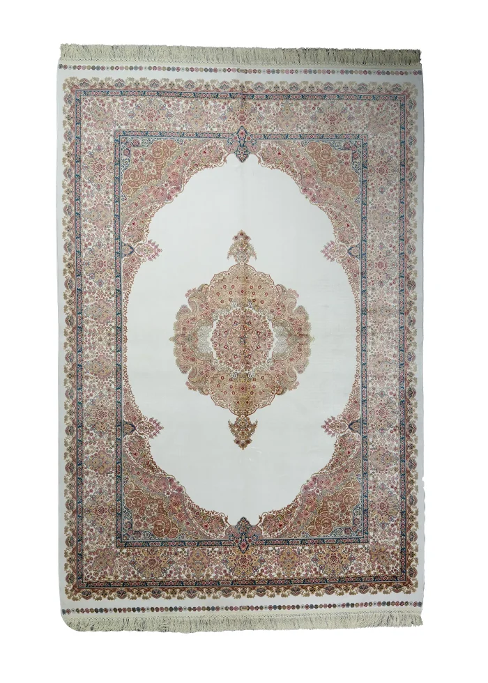 White and Pink Silk Persian Rug Faraz Pattern 5 x 8