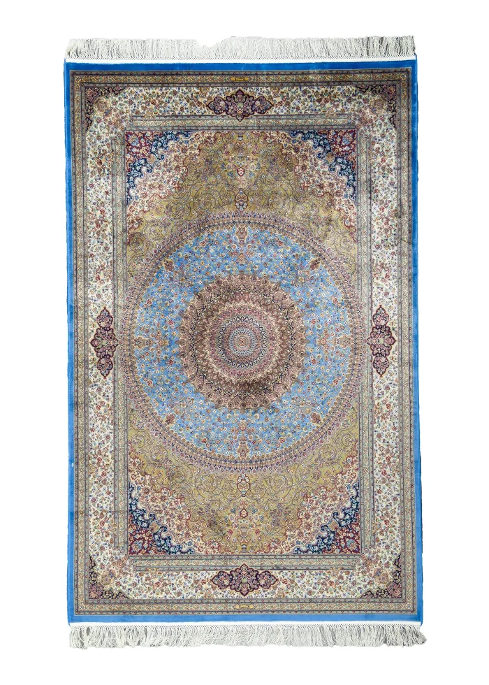 Beige and Blue Silk Persian Rug Golestan Pattern 4 x 6