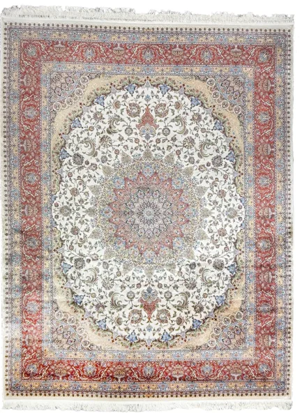 Beige and Red Silk Persian Rug Shah Abbasi 8 x 10
