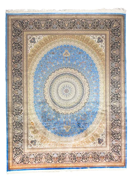 Blue and Beige Silk Persian Rug Espadana 8 x 10