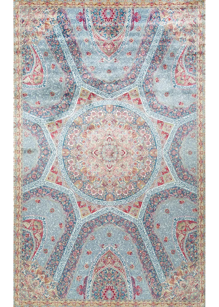 Blue and Pink Silk Persian Rug Elham Pattern 5 x 8