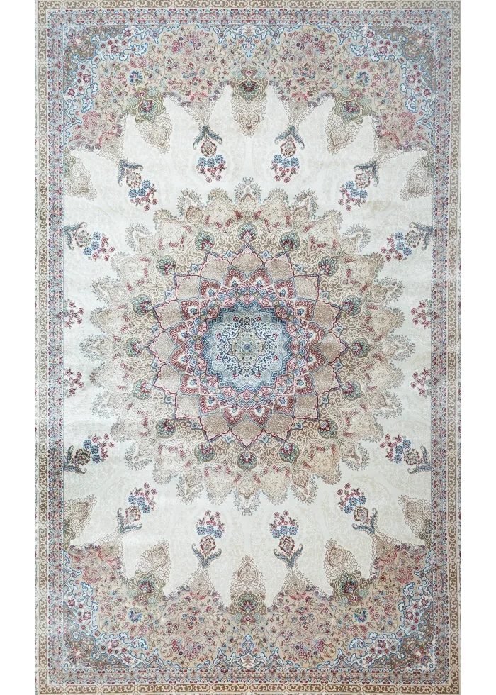 Beige and Red Silk Persian Rug Vanda Pattern 5 x 8
