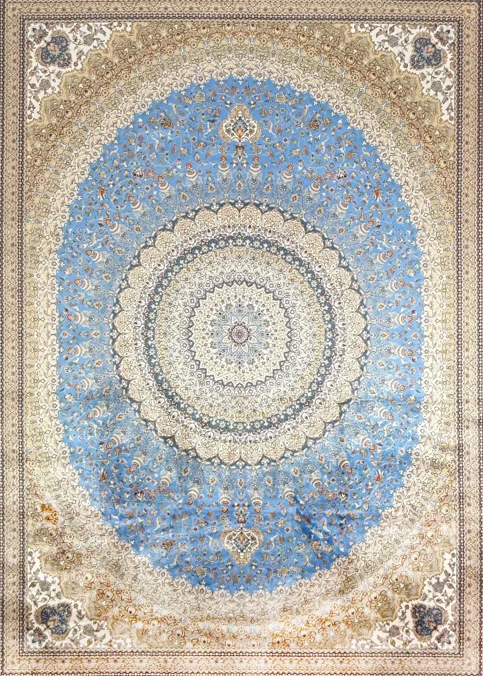 Blue and Beige Silk Persian Rug Espadana 8 x 10