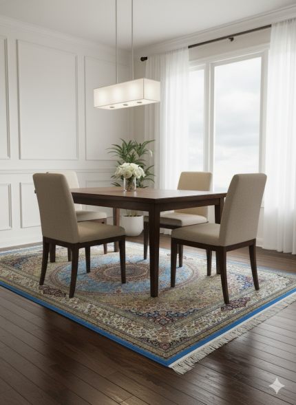 Beige and Blue Silk Persian Rug Golestan Pattern 4 x 6