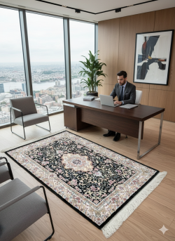 Black and Pink Silk Persian Rug Mahoor Pattern 3 x 4