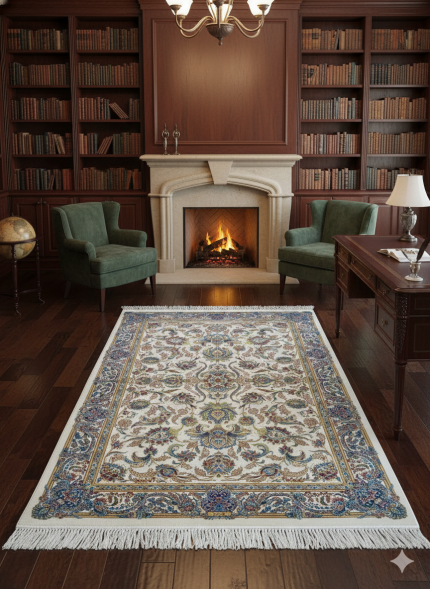 Beige and Green Silk Persian Rug Afshan Pattern 4 x 6