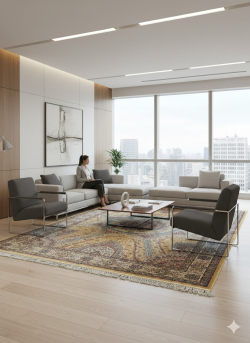 Brown and Blue Silk Persian Rug Elham Pattern 5 x 8